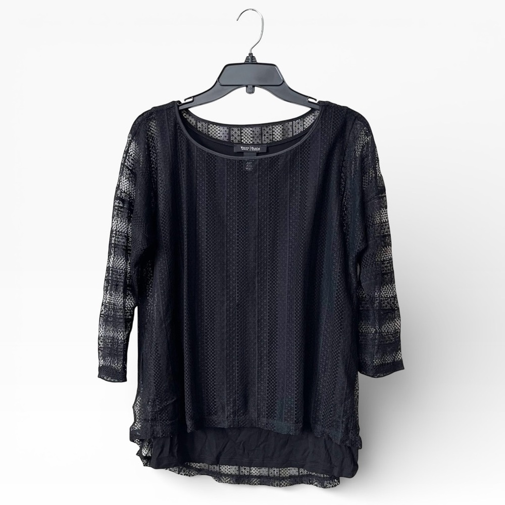 White House Black Market Overlay Top Women's Size M Black Lace 3/4 Sleeve Hi-Low